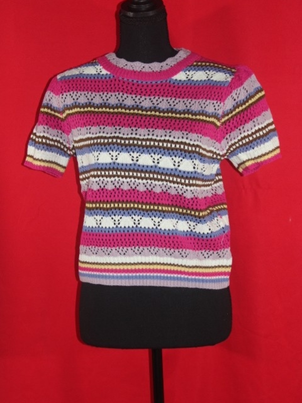 Striped Pink Short-Sleeve Scoop-Neck Knit Sweater